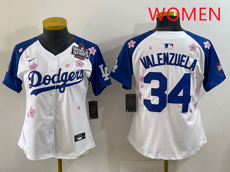 Women Los Angeles Dodgers 34 Valenzuela White Blue Sakura Edition 2025 Nike MLB Jersey style 35